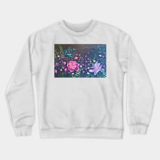 Moonlight Sonata, Glowing Flowers at Night, Bright Flowers on Black, Pink, Purple, Blue flowers, Floral Bedding, Floral Decor Crewneck Sweatshirt